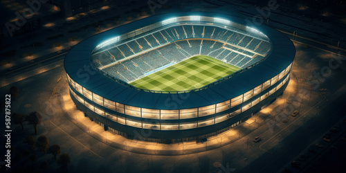 A drone aerial view of a soccer / football stadium at night. Generative AI