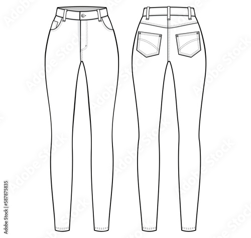 High Rise Skinny Jeans fashion flat technical drawing template. skinny Jeans technical fashion Illustration, front and back view, white, CAD mockup.