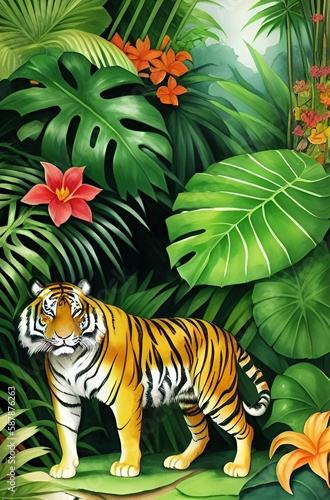 Prowling tiger in a tropical rainforest with lush plants, palm leaves and blooming exotic flowers in watercolor art painting style. Generative AI illustration.