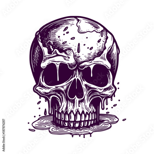 Melting kull. Woodcut engraving style hand drawn vector illustration. Optimized vector.	
