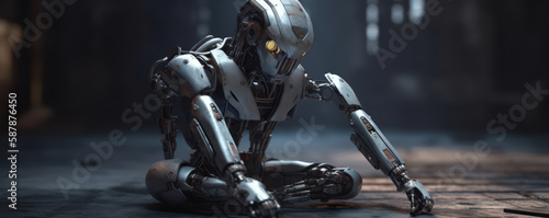 Tired, sad metallic AI robot on blurred modern factory background, copy space. Generative AI © Bartek