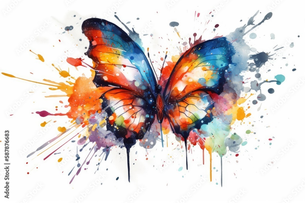 colorful butterfly painted in watercolor on a blank white canvas. Generative AI