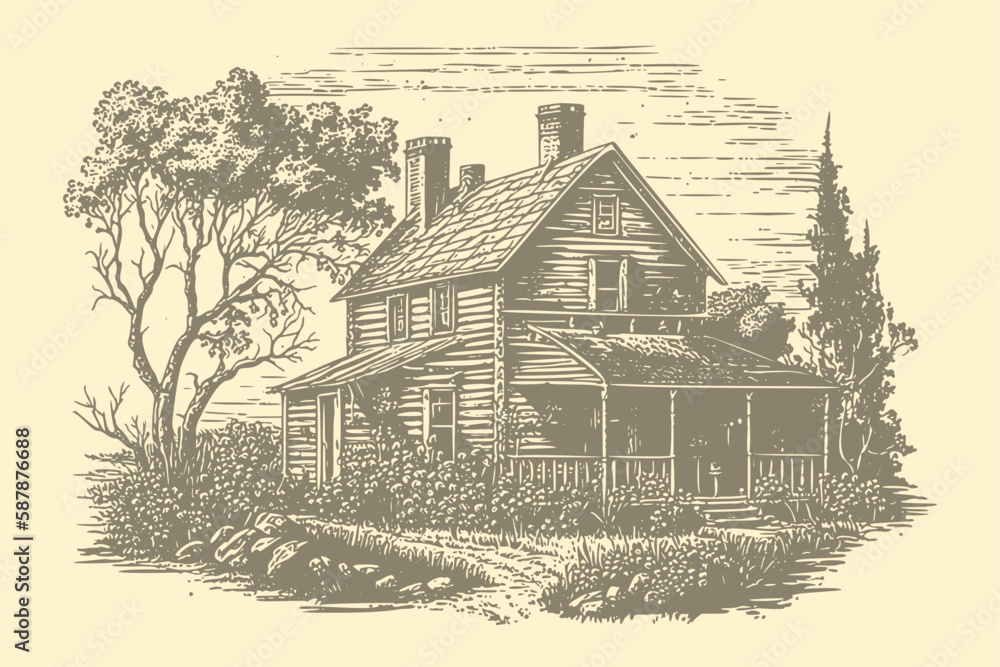 Vintage illustration of farm house. Woodcut engraving style hand drawn vector illustration. Optimized vector.	