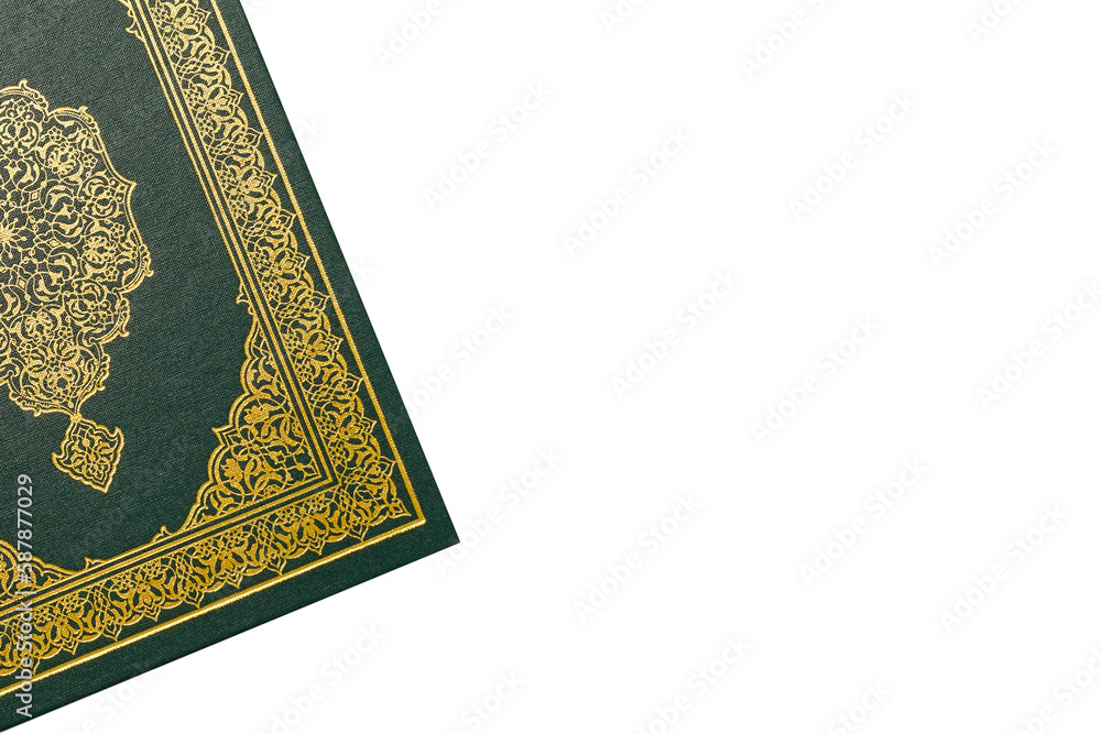 The Holy Al Quran with written arabic calligraphy meaning of Al Quran and rosary beads or tasbih on white background, isolated with copy space. The Holy Al Quran with written arabic calligraphy meaning of Al Quran and rosary beads or tasbih on white background, isolated with copy space.