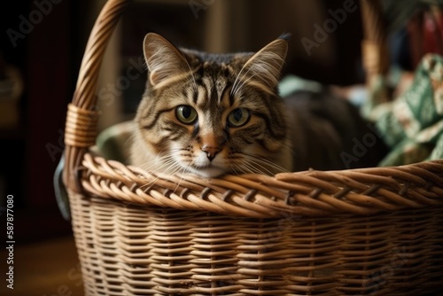 cute cat lounging in a cozy wicker basket. Generative AI