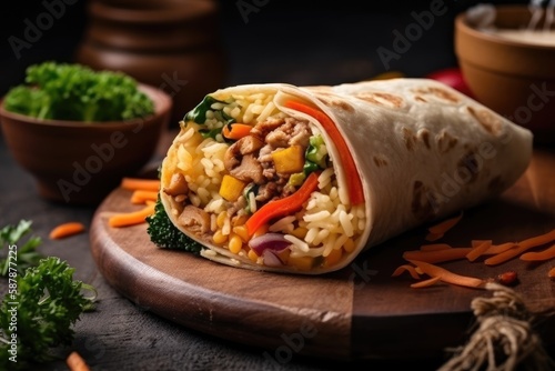 savory burrito filled with a variety of meats and fresh vegetables on a wooden cutting board. Generative AI