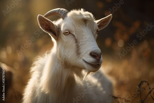 curious goat staring directly at the viewer in a green field. Generative AI