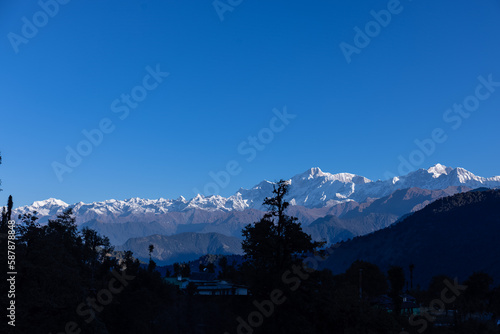 Landscape of Himalaya, Panoramic view of Himalayan mountain covered with snow. Himalaya mountain landscape in winter at Kedarnath valley.