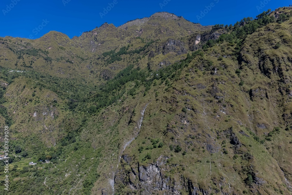 Landscape of Himalaya, Panoramic view of Himalayan mountain covered with snow. Himalaya mountain landscape in winter at Kedarnath valley.