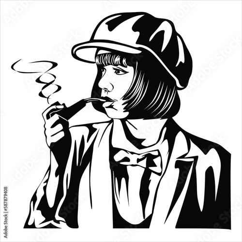 Young lady smoking on pipe in artline black and white