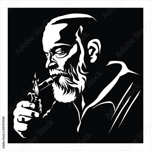 Old man smoking on artline black and white