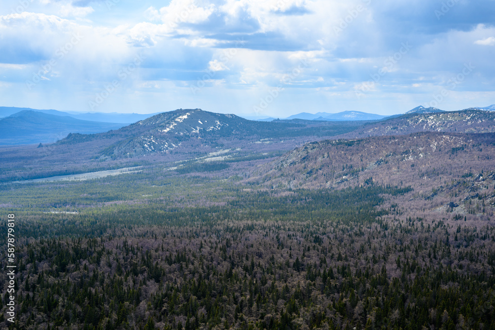 South Ural Mountains with a unique landscape, vegetation and diversity of nature in spring. South Ural Mountains with a unique landscape, vegetation and diversity of nature in spring.
