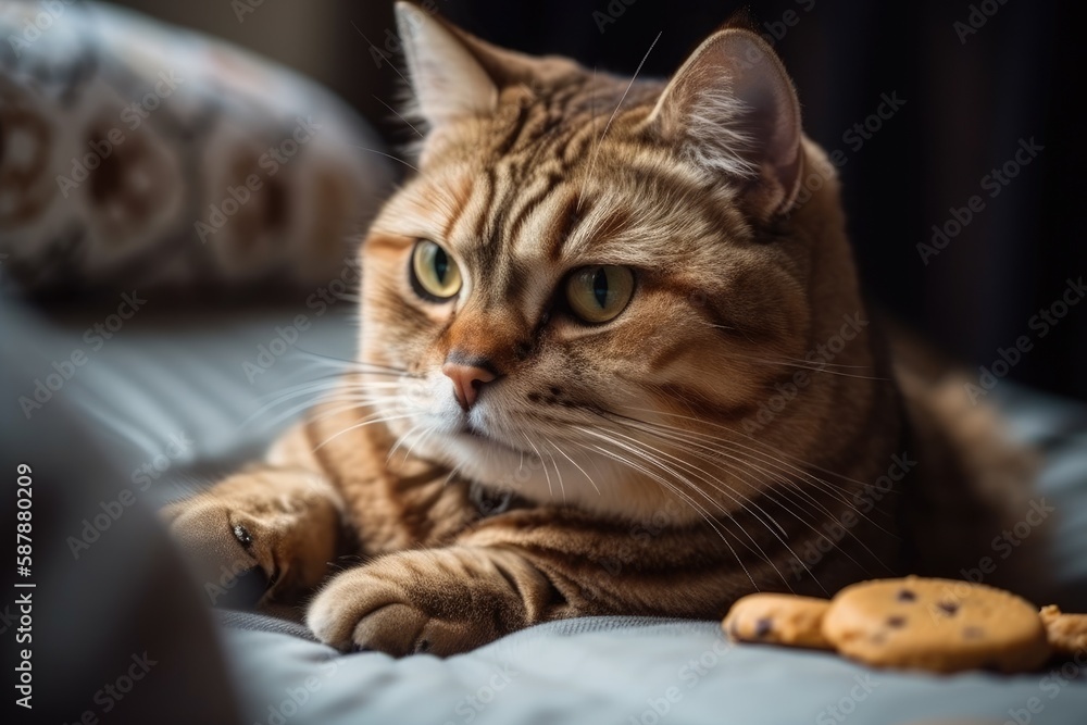 relaxed cat lounging on a cozy bed. Generative AI relaxed cat lounging on a cozy bed. Generative AI