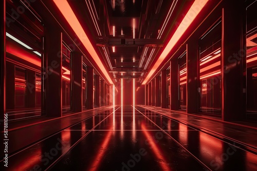dark and dramatic hallway with red and black lighting. Generative AI