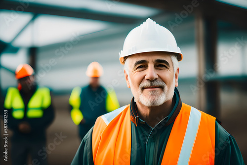 Builder, dressed in an orange vest and white construction helmet on a construction background. Concept of active age. Generative AI