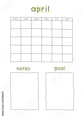 to do list blank plan Glider calendar table for month  April for 6 days of the week without Sunday font manual green goals and notes