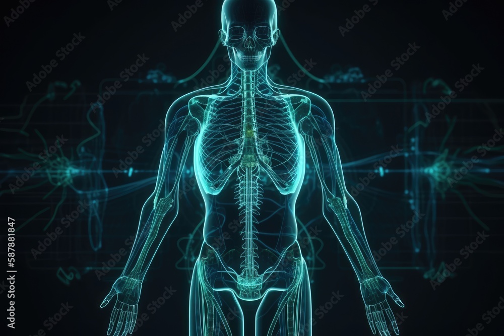 3D rendered model of a human skeleton. Generative AI 3D rendered model of a human skeleton. Generative AI
