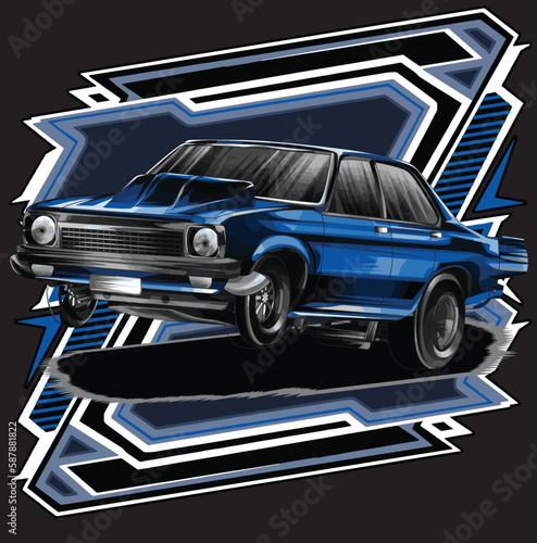 dark blue drag race illustration isolated in black background for poster, t-shirt, graphic design, business element, and card