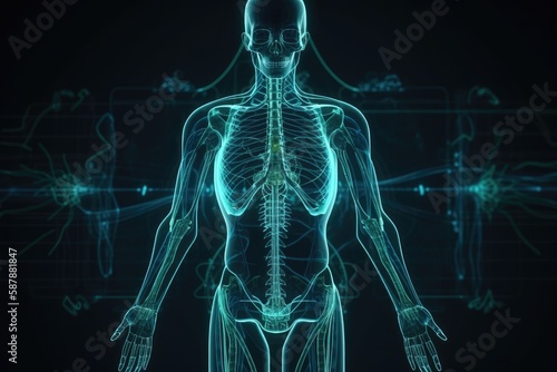 3D rendered model of a human skeleton. Generative AI