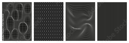 Set of geometry wireframe grid backgrounds in white color on black background. 3D abstract posters, patterns, cyberpunk elements in trendy psychedelic rave style. 00s Y2k retro futuristic aesthetic.