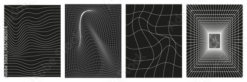 Set of geometry wireframe grid backgrounds in white color on black background. 3D abstract posters, patterns, cyberpunk elements in trendy psychedelic rave style. 00s Y2k retro futuristic aesthetic. photo