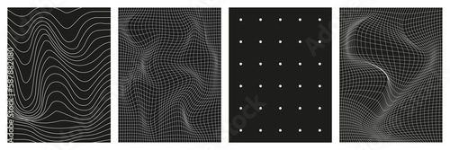 Set of geometry wireframe grid backgrounds in white color on black background. 3D abstract posters, patterns, cyberpunk elements in trendy psychedelic rave style. 00s Y2k retro futuristic aesthetic.