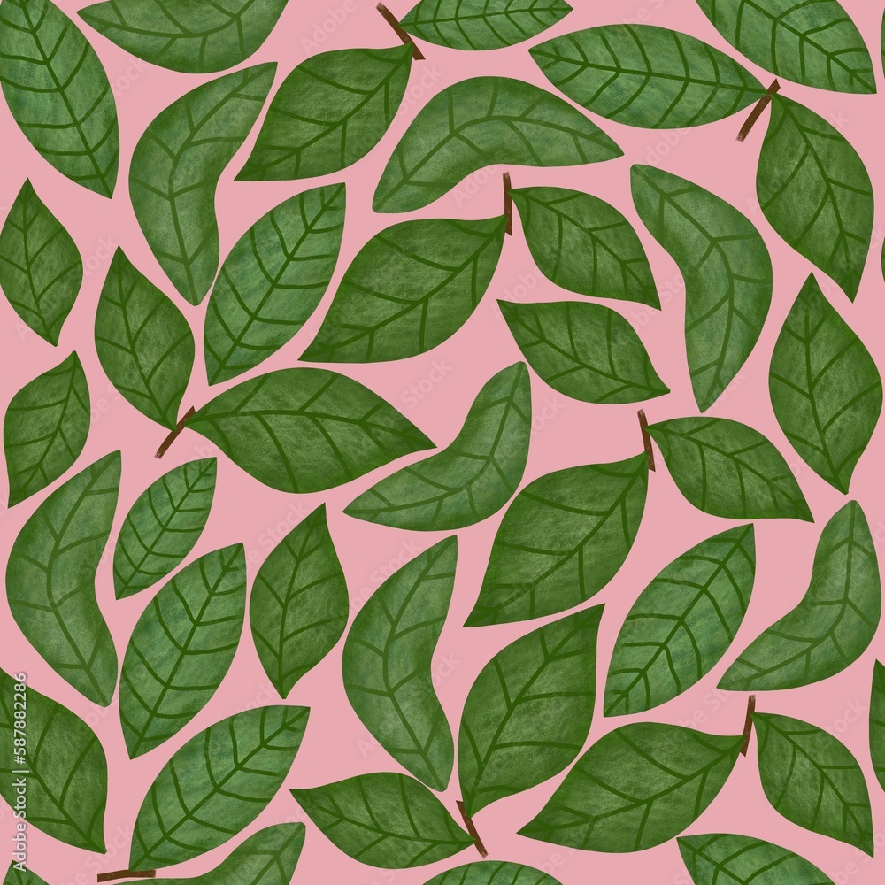 Green leaves on pink background seamless pattern. Hand drawn textured leaves allover print. Raster spring endless backdrop