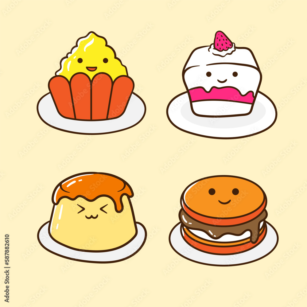 set of cute dessert cake in plate set of cute dessert cake in plate