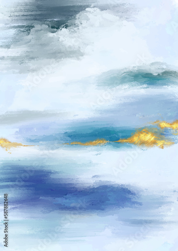 Abstract hand painted mixed media beach themed landscape with gold elements