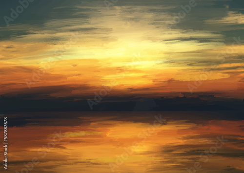 Abstract hand painted sunset landscape in oil paints