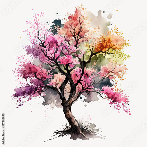 Watercolor blooming cherry tree illustration on white background. Ai generated © Artem81