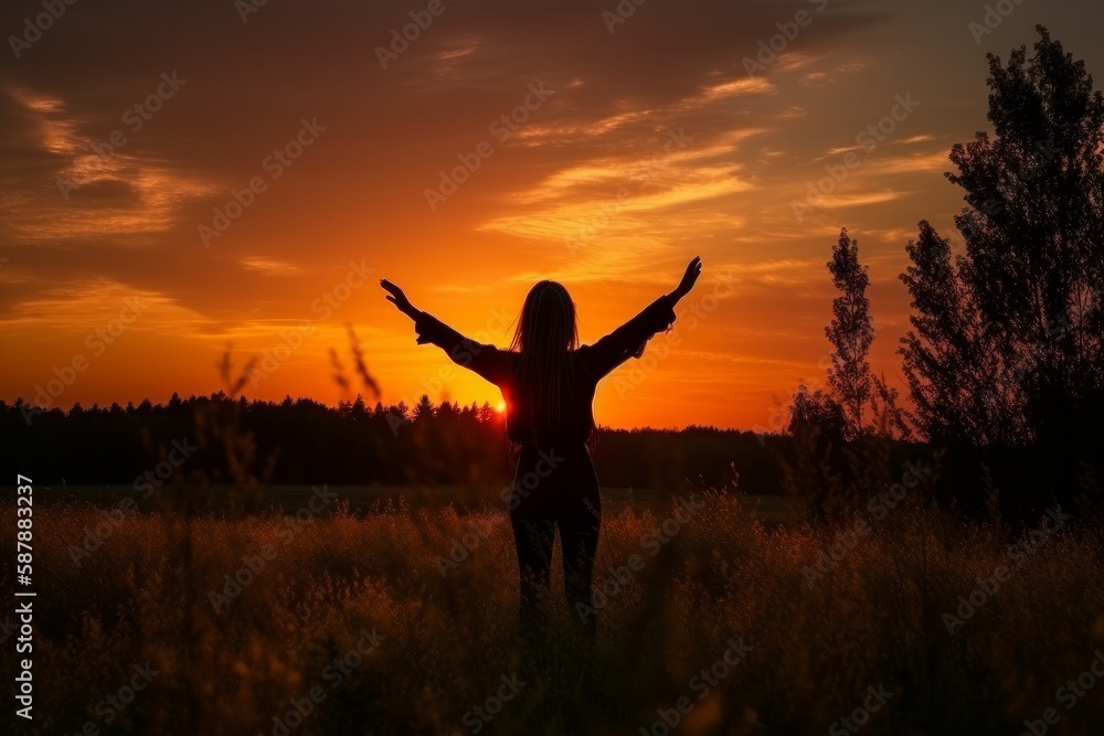 Photo of a woman standing in a field with her arms in the air at sunset created with Generative AI technology