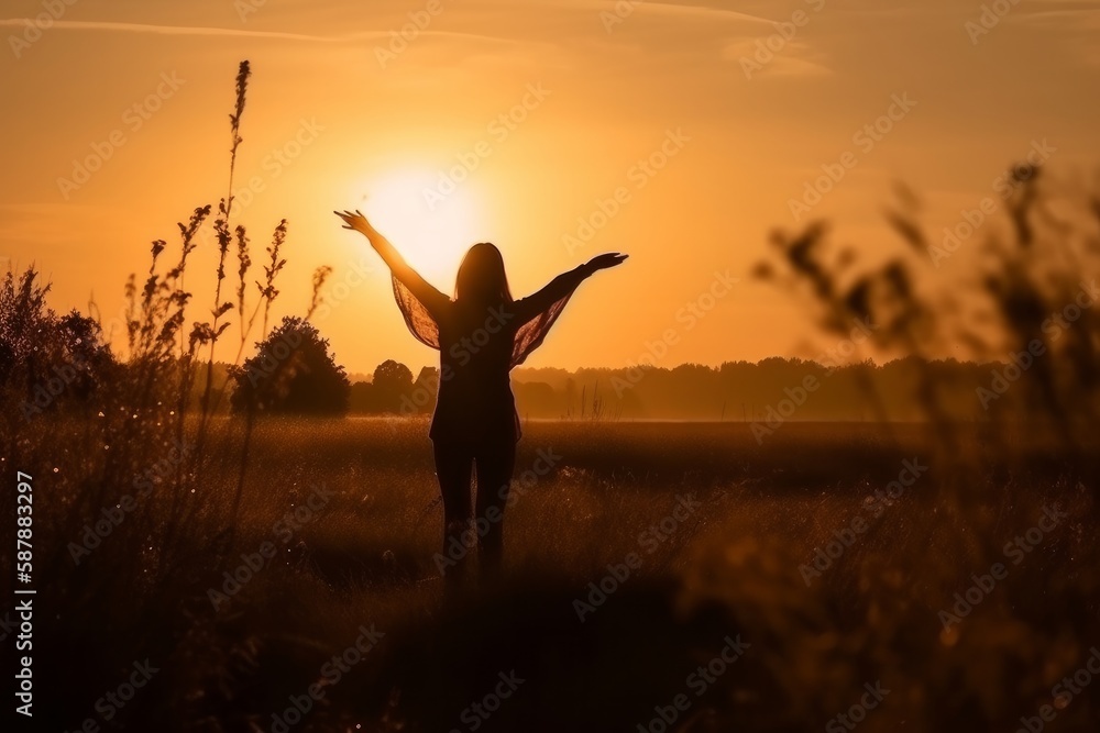 Photo of a woman standing in a field with her arms in the air at sunset created with Generative AI technology