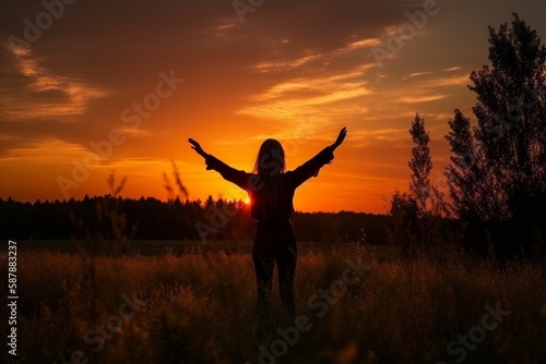 Photo of a woman standing in a field with her arms in the air at sunset created with Generative AI technology