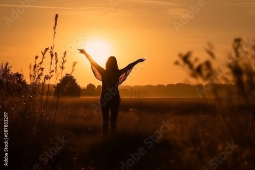 Photo of a woman standing in a field with her arms in the air at sunset created with Generative AI technology © AI Visual Vault