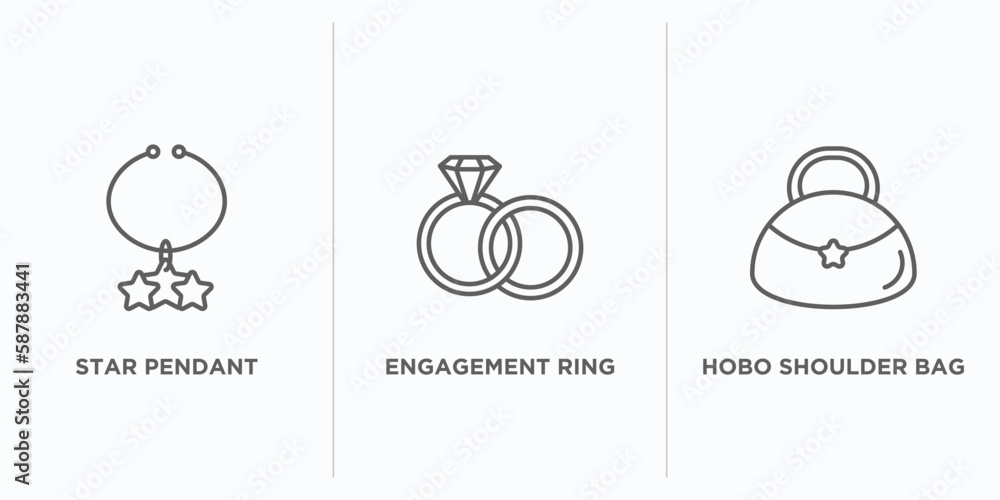 woman clothing outline icons set. thin line icons such as star pendant, engagement ring, hobo shoulder bag vector. linear icon sheet can be used web and mobile woman clothing outline icons set. thin line icons such as star pendant, engagement ring, hobo shoulder bag vector. linear icon sheet can be used web and mobile