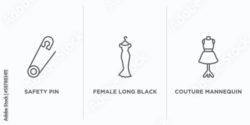 woman clothing outline icons set. thin line icons such as safety pin, female long black dress, couture mannequin vector. linear icon sheet can be used web and mobile