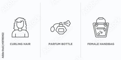 woman clothing outline icons set. thin line icons such as curling hair, parfum bottle, female handbag vector. linear icon sheet can be used web and mobile