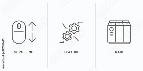 web hosting outline icons set. thin line icons such as scrolling, feature, raid vector. linear icon sheet can be used web and mobile
