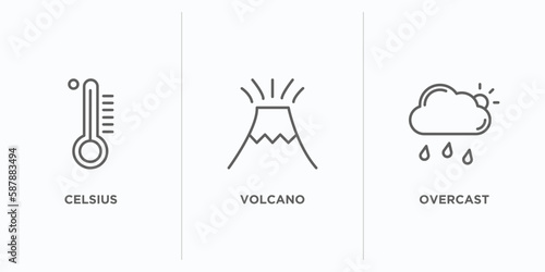 weather outline icons set. thin line icons such as celsius, volcano, overcast vector. linear icon sheet can be used web and mobile