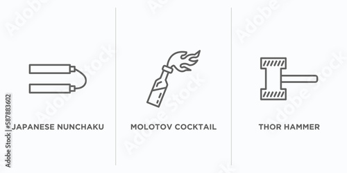 weapons outline icons set. thin line icons such as japanese nunchaku, molotov cocktail, thor hammer vector. linear icon sheet can be used web and mobile