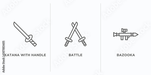 weapons outline icons set. thin line icons such as katana with handle, battle, bazooka vector. linear icon sheet can be used web and mobile