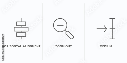 user interface outline icons set. thin line icons such as horizontal alignment, zoom out, medium vector. linear icon sheet can be used web and mobile