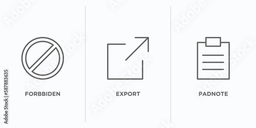 user interface outline icons set. thin line icons such as forbbiden, export, padnote vector. linear icon sheet can be used web and mobile