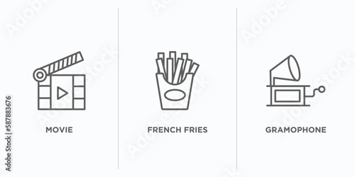 united states of america outline icons set. thin line icons such as movie, french fries, gramophone vector. linear icon sheet can be used web and mobile