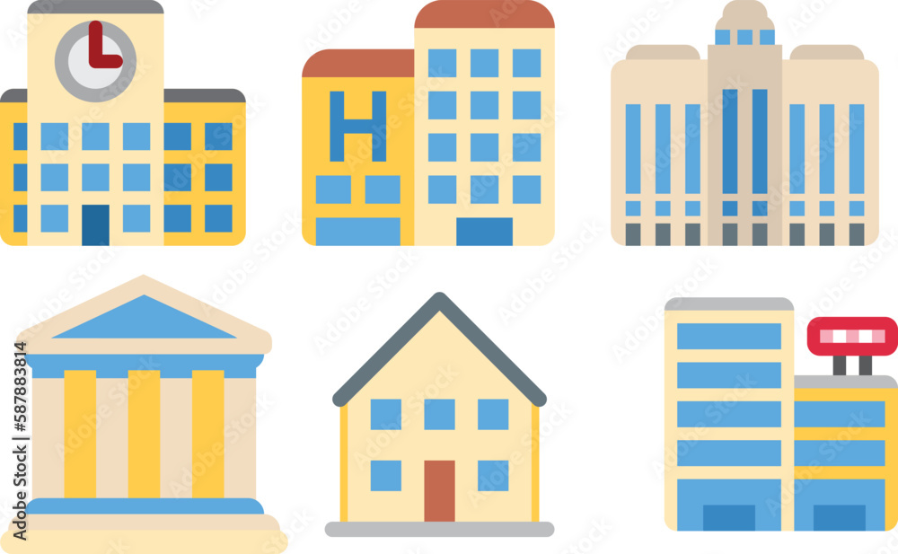 Set of icons of buildings. Vector illustration in flat design style.