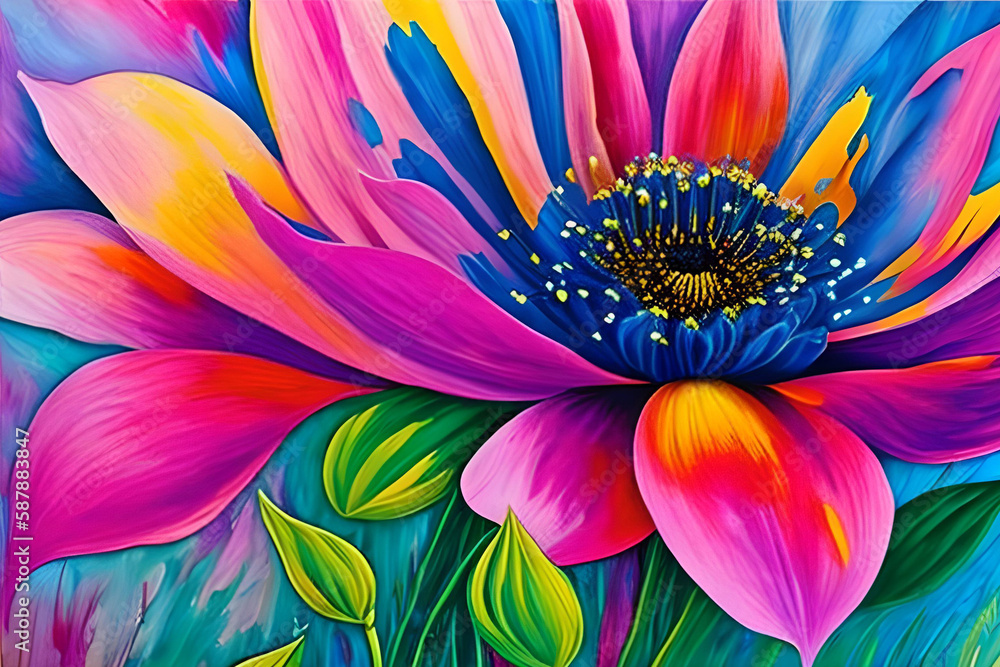 Obraz premium Water color or oil painting fine art illustration of abstract close up colorful nature and blooming floral. Flowers print digital art. Generative AI.