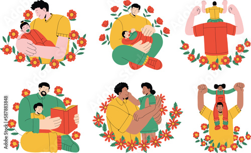 Set of illustrations with happy family, mother, father and son. Flat vector illustration.