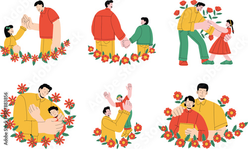 Happy family, mother, father, son, daughter and son in floral wreaths. Flat vector illustration.
