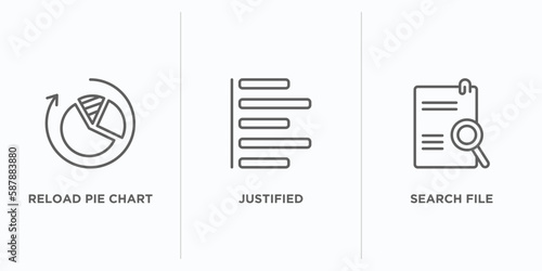 user interface outline icons set. thin line icons such as reload pie chart, justified, search file vector. linear icon sheet can be used web and mobile